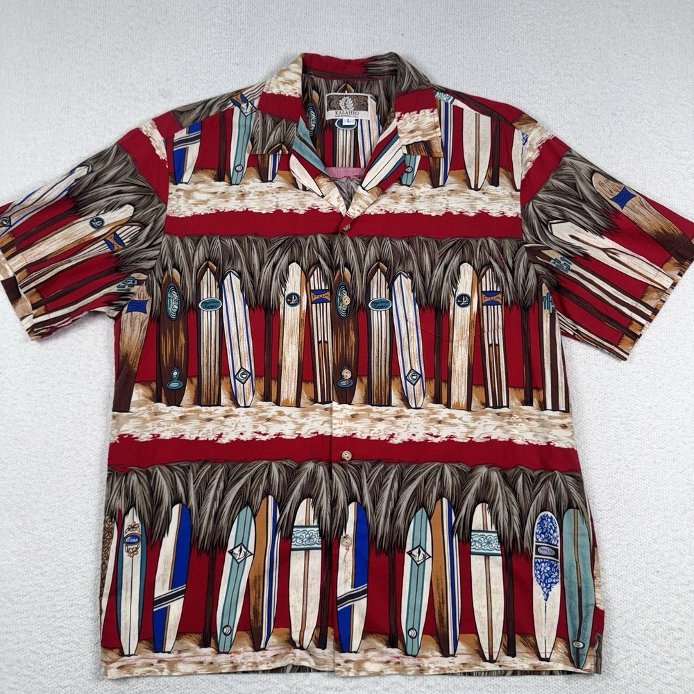 VTG Kalaheo Hawaiian Camp Shirt Mens L Surfboards AOP Beach Cruise‎ Resort USA